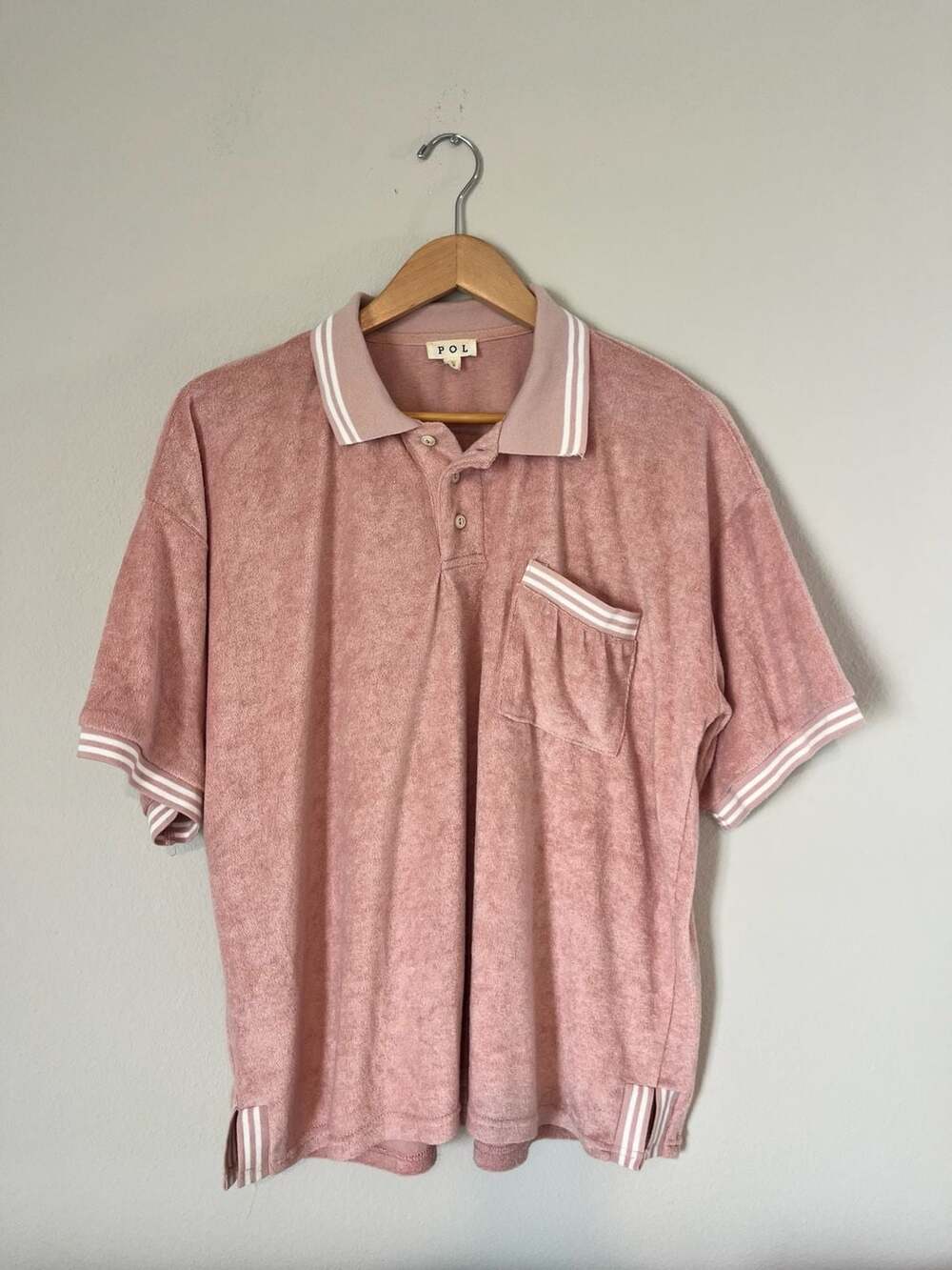 POL, Mens Retro 70s Terry Cloth Polo Short Sleeve, Mauve, Preppy,L
